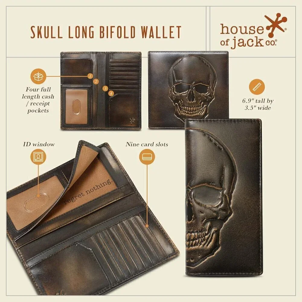 🆕Men Brown SKULL Long Wallet Hand Burnished Finish Grain Leather Bifold Wallet